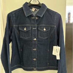 Chico’s classic trucker denim, vineyard dark wash jacket